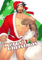 Rule 34 | 1boy, abs, alternate costume, arm tattoo, bara, bare pectorals, beard, beard stubble, black hair, christmas, facial hair, feet out of frame, full beard, gift bag, hanzo (overwatch), hat, highres, hunterkay, large pectorals, male focus, mature male, merry christmas, muscular, muscular male, nipples, overwatch, overwatch 1, pectorals, red hat, santa costume, santa hat, short hair, shy, solo, standing, stomach, stubble, tattoo, thick eyebrows, thick thighs, thighs