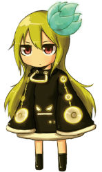 Rule 34 | 1girl, chibi, dress, expressionless, female focus, full body, green hair, ico (green bullet), kimidori (ico), long hair, no nose, original, red eyes, simple background, sleeves past wrists, solo, white background
