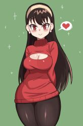 Rule 34 | 1girl, absurdres, black hair, blush, breasts, cleavage cutout, closed mouth, clothing cutout, hairband, heart, highres, long hair, looking at viewer, medium breasts, mg991998, pantyhose, red eyes, red sweater, smile, solo, spoken heart, spy x family, sweater, thick thighs, thighs, yellow hairband, yor briar