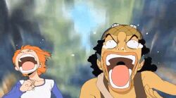Rule 34 | 1boy, 1girl, black hair, breasts, day, forest, medium breasts, nami (one piece), nature, one piece, open mouth, orange hair, running, screaming, tears, tree, usopp