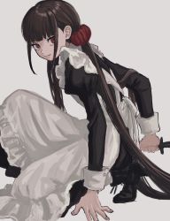 Rule 34 | 1girl, alternate costume, apron, black dress, black footwear, black hair, blunt bangs, closed mouth, commentary request, danganronpa (series), danganronpa v3: killing harmony, dress, enmaided, frills, grey background, hair ornament, harukawa maki, holding, juliet sleeves, long hair, long sleeves, looking at viewer, low twintails, maid, maid apron, puffy sleeves, red eyes, renshu usodayo, revision, shoes, sidelocks, simple background, sketch, solo, twintails, very long hair, weapon, white apron