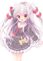 Rule 34 | 1girl, :d, absurdres, alternate costume, amatsukaze (kancolle), arm behind head, bad id, bad pixiv id, belt, belt buckle, black belt, black dress, blush, bow, brown eyes, buckle, collarbone, commentary request, dress, fang, frilled dress, frills, hair between eyes, hair tubes, hakuto momiji, highres, kantai collection, long hair, long sleeves, looking at viewer, necktie, open mouth, red necktie, sailor collar, sailor dress, sidelocks, silver hair, simple background, smile, solo, standing, standing on one leg, star (symbol), star in eye, symbol in eye, tsurime, two side up, very long hair, white background, white sailor collar, yellow bow