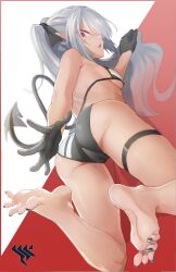 Rule 34 | 1girl, absurdres, ass, barefoot, black nails, blue archive, blush, cameltoe, dark-skinned female, dark skin, demon tail, feet, from behind, grey hair, highres, iori (blue archive), long hair, looking at viewer, looking back, nail polish, open mouth, pointy ears, red eyes, sanso (oxygen), soles, solo, spread toes, tail, toenail polish, toenails, toes, twintails