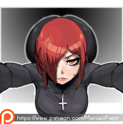 Rule 34 | 1girl, ass, breasts, cross, cross necklace, frown, hair over one eye, half-closed eyes, hanging breasts, highres, jewelry, large breasts, looking at viewer, maniacpaint, necklace, outstretched arms, parasoul (skullgirls), pink hair, red hair, skullgirls, solo, sweatdrop, sweater, top-down bottom-up, turtleneck, turtleneck sweater, yellow eyes