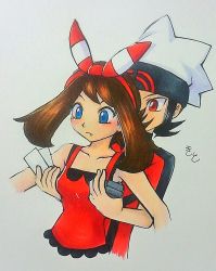 Rule 34 | 1boy, 1girl, armpits, bare shoulders, black hair, blue eyes, blush, bow, box, brendan (pokemon), brown hair, child, closed mouth, collarbone, creatures (company), embarrassed, eyelashes, fang, fingernails, friends, game freak, gen 3 pokemon, gen 6 pokemon, hair bow, hair ornament, hair ribbon, hat, headwear request, holding, holding box, holding paper, hug, hug from behind, japanese text, may (pokemon), medium hair, mew holic, multicolored bow, multicolored clothes, multicolored headwear, multicolored ribbon, multicolored shirt, neck, nintendo, paper, papers, poke ball print, pokemon, pokemon adventures, ponytail, print headwear, red bow, red eyes, red ribbon, red shirt, ribbon, shirt, short hair, short ponytail, short sleeves, sidelocks, simple background, sleeveless, sleeveless shirt, surprised, ticket, traditional media, white background, white headwear