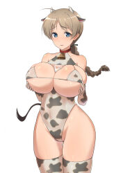 Rule 34 | 1girl, animal ears, animal print, bell, between breasts, bikini, blue eyes, blush, bottle, braid, braided ponytail, breasts, brown hair, cleavage, covered erect nipples, covered navel, cow ears, cow horns, cow print, cow print bikini, cow tail, cowbell, fake animal ears, fake horns, fake tail, hair ribbon, highres, horns, large breasts, leotard, long hair, looking at viewer, lynette bishop, micro bikini, milk, milk bottle, neck bell, open mouth, ponytail, print bikini, print leotard, print thighhighs, ribbon, smile, solo, strike witches, swimsuit, tail, thighhighs, varie7k, world witches series