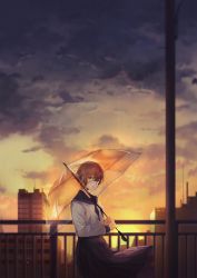 Rule 34 | 1girl, absurdres, akito (d30n26), blue eyes, brown hair, building, city, cloud, cloudy sky, fence, highres, holding, holding umbrella, long sleeves, looking at viewer, neckerchief, original, outdoors, parted lips, pleated skirt, rain, red neckerchief, school uniform, serafuku, short hair, skirt, sky, solo, standing, sun, sunset, transparent, transparent umbrella, umbrella, wind
