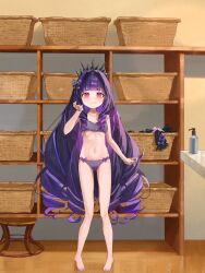 Rule 34 | 1girl, arisu oshiro, barefoot, basket, belly, blush, blush stickers, bra, breasts, bug, butterfly, butterfly hair ornament, closed mouth, commission, crown, embarrassed, feet, hair ornament, hand on own face, highres, indoors, insect, jewelry, long hair, looking at viewer, nail polish, navel, panties, pink eyes, pixellink, purple bra, purple hair, purple panties, small breasts, solo, standing, thighs, underwear, underwear only, virtual youtuber, whitesisterram