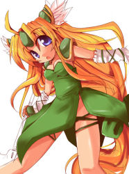 Rule 34 | 1girl, :o, ahoge, blonde hair, blue eyes, breasts, cleavage, collarbone, dress, elbow gloves, from below, gloves, green dress, long hair, looking at viewer, looking down, low-tied long hair, open mouth, riesz, seiken densetsu, seiken densetsu 3, shirogane (platinum), simple background, solo, thigh strap, very long hair, white background, white gloves