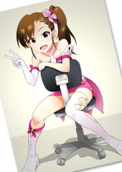 Rule 34 | 1girl, :d, boots, brown eyes, brown hair, chair, elbow gloves, flower, futami mami, gloves, hair ornament, idolmaster, idolmaster (classic), knee boots, looking at viewer, namco, office chair, open mouth, panties, pantyshot, ponytail, ribbon, side ponytail, sitting, smile, solo, striped clothes, striped panties, sunsun69, swivel chair, thighhighs, underwear, v