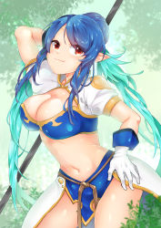 Rule 34 | 1girl, blue hair, breasts, cleavage, commentary request, demememememene, gloves, happy, judith (tales), large breasts, looking at viewer, navel, red eyes, smile, solo, standing, tales of (series), tales of vesperia