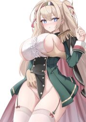 Rule 34 | 1girl, absurdres, areola slip, azur lane, black cape, blonde hair, blue eyes, blush, breasts, cape, center frills, chinese commentary, commentary request, cowboy shot, disembodied limb, dress, epaulettes, framed breasts, frills, garter straps, gorizia (azur lane), grabbing, grabbing another&#039;s breast, green dress, groin, hair between eyes, hair ribbon, hairband, hand up, heart, heart-shaped pupils, highres, imminent fingering, large breasts, long hair, long sleeves, looking back, nose blush, pout, qian hen, red ribbon, ribbon, shirt, sideboob, sidelocks, simple background, skindentation, solo focus, standing, sweat, symbol-shaped pupils, thighhighs, two side up, white background, white ribbon, white shirt, white thighhighs