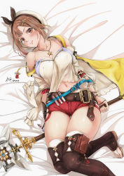 Rule 34 | 1girl, atelier (series), atelier ryza, atelier ryza 1, bed sheet, belt, beret, blush, boots, breasts, brown belt, brown eyes, brown footwear, brown hair, cleavage, closed mouth, collarbone, covered erect nipples, dated, eijitsu, flask, gloves, hair ornament, hairclip, hat, highres, holding, holding staff, hood, hood down, hooded jacket, jacket, jewelry, leather, leather belt, leather boots, looking at viewer, lying, midriff peek, navel, necklace, on back, pouch, red shorts, reisalin stout, round-bottom flask, shirt, short shorts, shorts, signature, single glove, sleeveless, sleeveless jacket, smile, solo, staff, star (symbol), star necklace, thigh boots, thigh gap, thigh pouch, thighhighs, thighhighs under boots, thighs, vial, white hat, white shirt, white thighhighs, wristband, yellow jacket