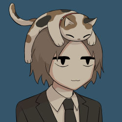 Rule 34 | 1boy, :3, ^ ^, absurdres, animal, animal on head, avogado6, bags under eyes, black jacket, black necktie, blue background, brown hair, calico, cat, cat on head, closed eyes, closed mouth, collared shirt, closed eyes, formal, happy, highres, jacket, male focus, necktie, on head, original, portrait, shirt, short hair, simple background, smile, suit, white shirt