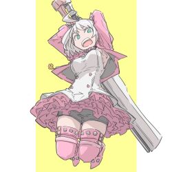 Rule 34 | 1girl, black shorts, blue eyes, collar, d sugama, dress, elphelt valentine, guilty gear, guilty gear strive, gun, highres, holding, holding gun, holding weapon, jumping, looking at viewer, pink sweater, short hair, shorts, spiked collar, spikes, sweater, weapon, white dress, white hair, yellow background