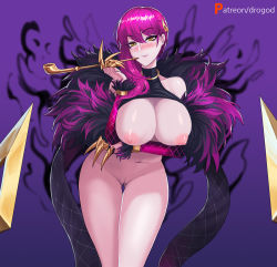 Rule 34 | 1girl, arm rest, blush, breast hold, breasts, breasts out, claws, detached sleeves, evelynn (league of legends), female focus, functionally nude, fur trim, gluteal fold, hella p, jewelry, k/da (league of legends), k/da evelynn, kiseru, large breasts, league of legends, leaning forward, looking at viewer, navel, necklace, nipples, patreon username, purple hair, pussy, short hair with long locks, smile, smoking pipe, solo, wristband, yellow eyes