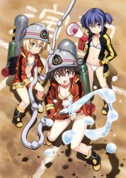 Rule 34 | 3girls, absurdres, bikini, black jacket, blonde hair, blue hair, blush, boots, breasts, brown hair, closed mouth, collarbone, fire helmet, firefighter, firefighter jacket, from above, full body, gloves, green eyes, hair between eyes, highres, holding, hose, jacket, kuuchuu yousai, looking at viewer, medium breasts, megaphone, multiple girls, open clothes, open jacket, open mouth, orange gloves, orange jacket, original, parted lips, polka dot, polka dot bikini, purple eyes, red eyes, scan, short hair, short twintails, small breasts, smile, standing, striped bikini, striped clothes, striped jacket, swimsuit, tank (container), twintails, v-shaped eyebrows, water, white bikini