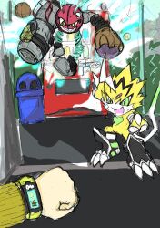 Rule 34 | ball, cannon, claws, digimon, digimon (creature), highres, pointing, pointing at another, pulsemon, shootmon, smile