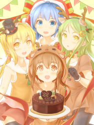 Rule 34 | 10s, 4girls, :d, :o, absurdres, alternate costume, animal costume, animal ears, animal hood, antlers, bell, black gloves, black legwear, blonde hair, blue eyes, blue hair, blush, bow, breasts, brown eyes, brown hair, bunting, buttons, cake, chocolate cake, christmas, collar, collarbone, crescent, crescent hair ornament, crescent pin, deer ears, fake animal ears, fang, food, food writing, fumizuki (kancolle), fur-trimmed gloves, fur trim, german text, gloves, gradient background, green eyes, green hair, hair between eyes, hair ornament, hairband, hand on another&#039;s head, hat, heart, highres, holding, holding tray, holly hair ornament, hood, hood up, horns, jingle bell, kantai collection, long hair, long sleeves, looking at viewer, low twintails, minazuki (kancolle), mini hat, mini top hat, multiple girls, nagatsuki (kancolle), neck bell, open mouth, pantyhose, pennant, red bow, reindeer antlers, reindeer costume, reindeer hood, remodel (kantai collection), sailor collar, santa costume, santa hat, satsuki (kancolle), short hair, short sleeves, skirt, sleeveless, small breasts, smile, string of flags, suzushiro (gripen39), sweatdrop, thighhighs, top hat, tray, twintails, yellow eyes