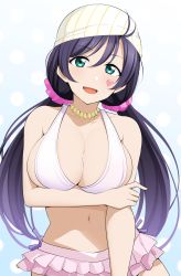 Rule 34 | 1girl, aqua eyes, arm under breasts, barkhorn0331, bikini, bikini skirt, breast hold, breasts, cleavage, collarbone, facepaint, hair between eyes, hair ornament, hair scrunchie, heart, highres, large breasts, long hair, looking at viewer, love live!, love live! school idol project, low twintails, natsuiro egao de 1 2 jump!, navel, open mouth, pink scrunchie, pink skirt, purple hair, scrunchie, skirt, smile, solo, stomach, striped clothes, striped headwear, swim cap, swimsuit, tojo nozomi, twintails, white bikini, white headwear