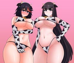 Rule 34 | 2girls, animal ears, animal print, bell, bikini, black hair, blue eyes, blunt bangs, blush, breasts, closed mouth, covering privates, covering crotch, cow ears, cow horns, cow print, cowbell, elbow gloves, fake animal ears, fake horns, from below, gloves, hair between eyes, hand on own hip, highleg, highleg bikini, highres, horns, kill la kill, kiryuuin satsuki, large breasts, long hair, looking at viewer, matoi ryuuko, medium breasts, multicolored hair, multiple girls, navel, pink background, red hair, siblings, simple background, sisters, stomach, streaked hair, swimsuit, the only shoe, two-tone hair, underboob, very long hair, white bikini, white gloves