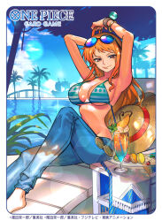Rule 34 | 1girl, arm behind head, armpits, arms up, bangle, barefoot, beach, beach chair, bikini, bikini top only, blue-tinted eyewear, blue pants, blue sky, bracelet, breasts, brown eyes, cleavage, closed mouth, cloud, cloudy sky, commentary request, cup, day, denim, drinking glass, drinking straw, eyewear on head, feet out of frame, food, fruit, green bikini, hand in own hair, hat, highres, holding own hair, jeans, jewelry, knee up, large breasts, light blush, lips, log pose, long hair, looking at viewer, mandarin orange, midriff, nami (one piece), navel, ocean, official art, one piece, one piece card game, orange hair, outdoors, palm tree, pants, single sidelock, sitting, sky, smile, solo, straw hat, sunglasses, sunohara (encount), swimsuit, thousand sunny, tinted eyewear, tree, unworn headwear, water