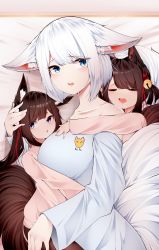 Rule 34 | 3girls, :o, absurdres, akagi-chan (azur lane), alternate costume, amagi-chan (azur lane), animal ears, archery, azur lane, bed sheet, bell, black hair, blue eyes, blunt bangs, breasts, brown hair, closed eyes, collarbone, commentary request, contemporary, ear down, english text, fox ears, fox girl, fox print, fox tail, hair bell, hair between eyes, hair ornament, hair ribbon, hairband, headpat, height difference, highres, hug, hug from behind, kaga (azur lane), kyuudou, long hair, looking at viewer, lying, multiple girls, on side, pajamas, parted lips, purple eyes, ribbon, samip, short hair, sidelocks, size difference, sleeping, sleepover, tail, thick eyebrows, twintails, white hair, wide-eyed