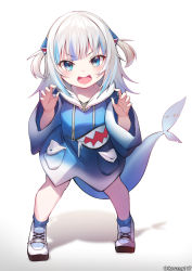 Rule 34 | 1girl, :d, blue eyes, blue hair, blue jacket, cawang, fins, fish tail, full body, gawr gura, gawr gura (1st costume), highres, hololive, hololive english, jacket, long sleeves, looking at viewer, multicolored hair, open mouth, shadow, shark tail, shoes, short hair, simple background, smile, solo, standing, tail, twitter username, two-tone hair, two side up, virtual youtuber, white background, white footwear, white hair