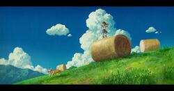 Rule 34 | 1girl, adjusting clothes, adjusting headwear, arm up, black socks, blue sailor collar, blue skirt, blue sky, brown hair, brown hat, cloud, commentary, cyclecircle, day, dog, english commentary, field, floating hair, full body, grass, hat, hay, hay bale, highres, kneehighs, letterboxed, long hair, mountain, neck ribbon, original, outdoors, plant, pleated skirt, red ribbon, ribbon, sailor collar, sailor shirt, scenery, shiba inu, shirt, shirt tucked in, short sleeves, skirt, sky, socks, solo, standing, white shirt