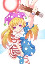 Rule 34 | 1girl, american flag, american flag dress, american flag legwear, american flag nails, arm up, asymmetrical legwear, bad id, bad pixiv id, blonde hair, clothes pull, clownpiece, collar, fairy, fairy wings, flag print, hat, highres, holding, jester cap, long hair, looking at viewer, multicolored nails, nail polish, pantyhose, purple eyes, shirt pull, short sleeves, simple background, smile, solo, striped clothes, striped pantyhose, torch, touhou, uneven legwear, v, white background, wings, yamada denki