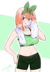 Rule 34 | 1girl, :d, bare arms, bare shoulders, bike shorts, blue eyes, blush, breasts, collarbone, crop top, eyebrows hidden by hair, go-toubun no hanayome, green background, green shorts, hair between eyes, highres, kujou karasuma, large breasts, looking at viewer, midriff, nakano yotsuba, navel, open mouth, orange hair, short shorts, shorts, signature, smile, solo, standing, sweat, towel, towel around neck, two-tone background, white background