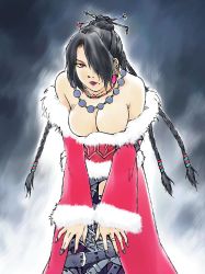 Rule 34 | 00s, 1girl, bare shoulders, beads, belt, belt skirt, black background, black hair, black nails, braid, breasts, christmas, cleavage, closed mouth, downblouse, dress, ear piercing, earrings, final fantasy, final fantasy x, fur trim, hair bun, hair ornament, hair over one eye, hair stick, half updo, hands on own knees, iogi juichi, jewelry, lace, lace-trimmed legwear, lace trim, large breasts, leaning forward, lipstick, long hair, lulu (ff10), makeup, mole, mole under mouth, multiple belts, nail polish, necklace, off shoulder, piercing, purple lips, purple thighhighs, red eyes, ring, santa costume, single hair bun, solo, standing, thighhighs