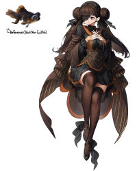 Rule 34 | 1girl, absurdres, black eyes, black footwear, black hair, black thighhighs, commentary, double bun, earrings, english commentary, eyepatch, fish, goldfish, hair bun, highres, jewelry, lace, long hair, long sleeves, original, own hands together, personification, ring, rinotuna, shoes, simple background, smile, solo, thighhighs, twintails, white background