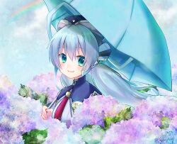 Rule 34 | 1girl, blue flower, blue hair, blue headwear, blue ribbon, blue theme, blue umbrella, blush, character name, closed mouth, commentary request, commission, day, eyelashes, eyes visible through hair, flower, garden, green eyes, hair between eyes, hair ribbon, holding, holding umbrella, hoshino yumemi, leaf, long hair, looking at viewer, low twintails, micchi (koto maple), necktie, outdoors, planetarian, purple flower, rainbow, red necktie, ribbon, robot ears, skeb commission, smile, solo, twintails, umbrella, upper body