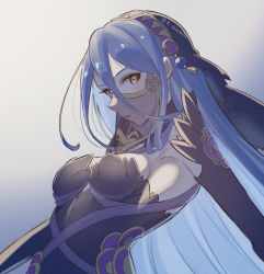 Rule 34 | 1girl, azura (fire emblem), black dress, black sleeves, breasts, detached sleeves, dress, fire emblem, fire emblem fates, floating hair, grey background, highres, karashino, long hair, mouth veil, nintendo, official alternate costume, parted lips, see-through, sideboob, small breasts, solo, strapless, strapless dress, twitter username, upper body, veil, very long hair, yellow eyes