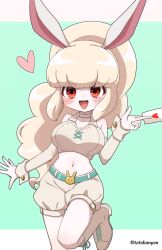 Rule 34 | 1girl, animal ears, blonde hair, blush, boots, breasts, card, cleavage, cowboy shot, detached sleeves, heart, high ponytail, highres, holding, holding card, large breasts, long hair, looking at viewer, midriff, navel, open mouth, orange eyes, rabbit ears, rabbit girl, simple background, snowrabby, solo, tabana, twitter username, wrist cuffs, youkai (youkai watch), youkai watch