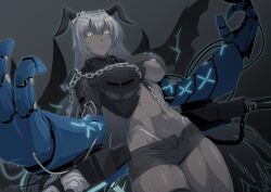Rule 34 | 1girl, arbiter strength viii (azur lane), armored boots, azur lane, black shorts, boots, breasts, broken, broken chain, chain, closed mouth, colored skin, commentary request, commission, cowboy shot, crop top, cross scar, grey background, grey hair, grey skin, hair between eyes, highleg, highleg panties, highres, horns, large breasts, long hair, looking at viewer, mechanical arms, navel, ozaneko, panties, rigging, scar, scar on leg, scar on stomach, short shorts, shorts, sidelocks, simple background, siren (azur lane), skeb commission, skindentation, solo, standing, stomach, toned female, turret, underboob, underwear, very long hair, yellow eyes