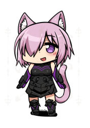 Rule 34 | 1girl, :d, animal ears, armor, armored dress, bare shoulders, blush, boots, cat ears, cat tail, chibi, cowfee, fate/grand order, fate (series), full body, gauntlets, hair over one eye, kemonomimi mode, knee boots, mash kyrielight, one eye covered, open mouth, pink hair, purple eyes, short hair, signature, smile, solo, standing, tail