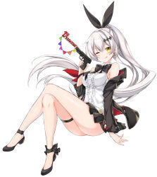 Rule 34 | 1girl, ;q, anniversary, arm ribbon, ass, bare shoulders, black jacket, black ribbon, blouse, blush, bow, bowtie, breasts, cleavage, closed mouth, five-seven (girls&#039; frontline), floating hair, fn five-seven, full body, girls&#039; frontline, gun, hair ornament, hair ribbon, handgun, holding, holding gun, holding weapon, jacket, jewelry, juna, large breasts, long hair, looking at viewer, miniskirt, neck ribbon, off shoulder, one eye closed, pdw-caliber pistol, pleated skirt, ponytail, red ribbon, ribbon, shirt, sidelocks, silver hair, simple background, sitting, skindentation, skirt, sleeveless, sleeveless shirt, smile, solo, thigh strap, tongue, tongue out, trigger discipline, very long hair, weapon, white background, yellow eyes