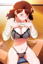 Rule 34 | 1boy, 1girl, black bra, black panties, blush, bra, breasts, brown eyes, brown hair, clothes pull, earrings, girl on top, indoors, jewelry, kaori (super real mahjong), large breasts, lifting own clothes, long hair, long sleeves, lying, navel, nipples, non-web source, official art, on back, one eye closed, panties, photoshop (medium), see-through, smile, solo focus, straddling, string panties, super real mahjong, sweater, sweater pull, tanaka ryou, underwear, wooden floor