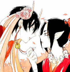 Rule 34 | 2boys, black eyes, black hair, black kimono, coin, dangle earrings, earrings, eye contact, eyeshadow, face-to-face, facial tattoo, flame tattoo, flower, flower knot, hair flower, hair ornament, hakutaku (hoozuki no reitetsu), holed coin, hoozuki (hoozuki no reitetsu), hoozuki no reitetsu, horns, japanese clothes, jewelry, kimono, looking at another, magatama, magatama necklace, makeup, male focus, multiple boys, necklace, parted lips, petals, pink flower, pink rose, pointy ears, red eyeshadow, red kimono, red ribbon, ribbon, ribbon earrings, rose, short hair, single horn, small horns, tattoo, thick eyebrows, upper body, white background, white horns, white veil, yaoi, zhengli
