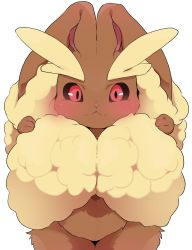 Rule 34 | 1girl, animal ear fluff, animal ears, black sclera, blush, colored sclera, creatures (company), dagashi (daga2626), eyebrows, furry, furry female, game freak, gen 4 pokemon, highres, holding ears, leaning forward, looking at viewer, lopunny, nintendo, pokemon, pokemon (creature), rabbit ears, rabbit girl, red eyes, simple background, smile, solo, white background