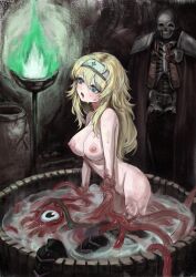 Rule 34 | 1boy, 1girl, absurdres, black souls, blonde hair, blue eyes, breasts, double v, drooling, fire, green fire, headband, highres, in water, jeanne (black souls), kraken, large breasts, long hair, necromancer, nipples, nude, one-eyed, open mouth, ropeperson, shaman keto (black souls), skull, solo focus, tentacles, v, washtub