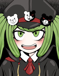 Rule 34 | 1girl, alternate costume, amamitsutsuki 9, black background, black jacket, blush, collared jacket, danganronpa (series), danganronpa 3 (anime), danganronpa another episode: ultra despair girls, eyelashes, green eyes, green hair, hat, highres, jacket, looking at viewer, military, military hat, monokuma, necktie, open mouth, red tie, simple background, teeth, tongue, towa monaca, twintails, upper body, upper teeth only