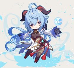 Rule 34 | 1girl, ahoge, bell, black gloves, blue hair, bodystocking, chibi, chinese knot, closed mouth, detached sleeves, floating, full body, ganyu (genshin impact), genshin impact, gloves, grey background, hair between eyes, honda tamanosuke, horns, long hair, looking at viewer, magic, neck bell, solo