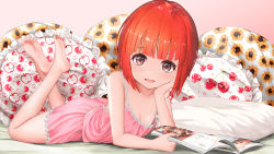 Rule 34 | 1girl, absurdres, akai ringo (ookami-san), apple print, babydoll, bare legs, barefoot, brown eyes, cherry print, commentary request, commission, crossed ankles, feet, feet up, flat chest, floral print, food print, frilled pillow, frills, gibun (sozoshu), hand on own cheek, hand on own face, highres, looking at viewer, lying, on bed, on stomach, ookami-san, open magazine, open mouth, pillow, pink babydoll, pink shorts, pixiv commission, print pillow, red hair, resolution mismatch, short hair, shorts, smile, soles, solo, source larger, sunflower print, tareme, the pose