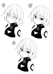 Rule 34 | 1girl, closed mouth, fate/apocrypha, fate (series), greyscale, hair between eyes, jack the ripper (fate/apocrypha), kazawa (tonzura-d), looking at viewer, monochrome, multiple views, scar, scar across eye, scar on face, short hair, shoulder tattoo, simple background, tattoo, upper body, white background