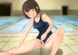 Rule 34 | black pubic hair, brown hair, camonome, cleft of venus, clothes pull, clothing aside, female pubic hair, one-piece swimsuit pull, original, pool, poolside, pubic hair, pussy, school swimsuit, short hair, smirk, stretching, swimsuit, swimsuit aside