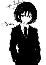 Rule 34 | 1girl, alternate costume, bandaged neck, bandages, blue archive, formal, generic 33, greyscale, highres, looking at viewer, misaki (blue archive), monochrome, short hair, simple background, solo, suit, white background