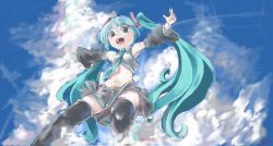 Rule 34 | 1girl, aqua hair, armpits, black thighhighs, cloud, crop top, detached sleeves, green eyes, hatsune miku, long hair, midriff, navel, necktie, oekaki, open mouth, outstretched arms, shift (waage), skirt, sky, smile, solo, spread arms, thighhighs, twintails, very long hair, vocaloid, zettai ryouiki